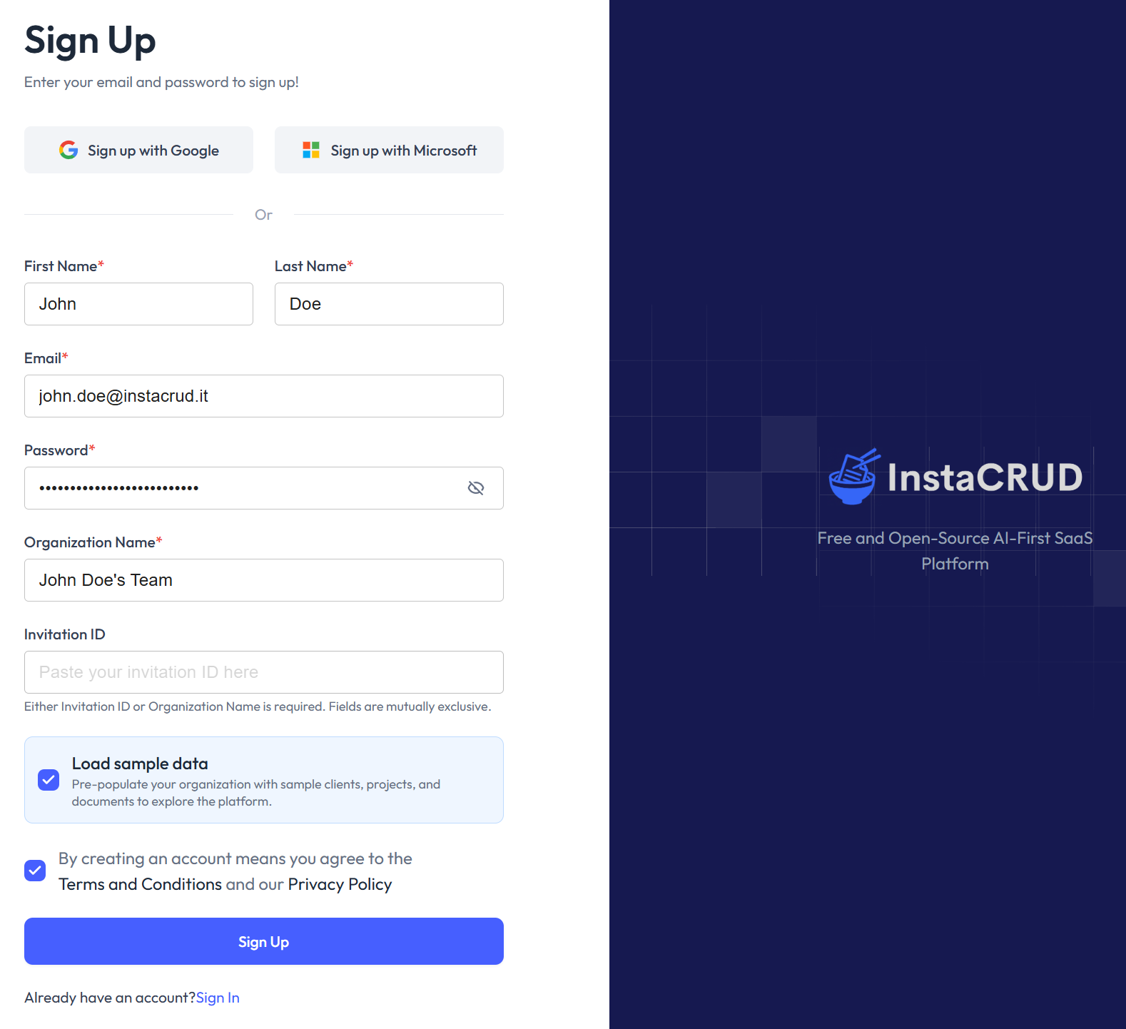 InstaCRUD Sign Up